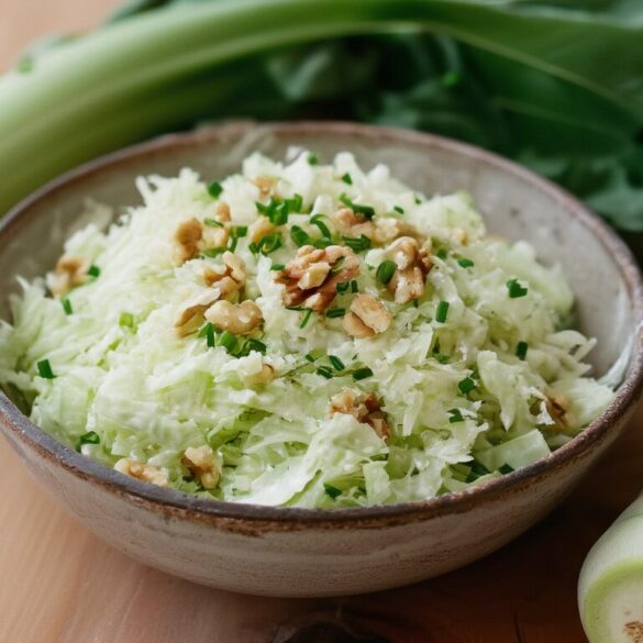Schüssel mit rohem, geraspeltem Kohlrabi-Salat mit Joghurt-Dressing, Walnüssen und Schnittlauch