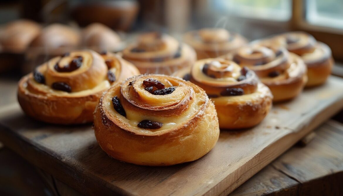 Frisch gebackene Rosinenschnecken mit Vanillepuddingcreme und Zuckerguss auf einem Holzbrett