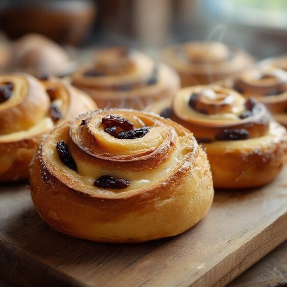 Rosinenschnecken wie vom Bäcker: Rezept mit Puddingcreme Frisch gebackene Rosinenschnecken mit Vanillepuddingcreme und Zuckerguss auf einem Holzbrett