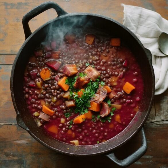 Rote Bete Linsen Eintopf mit Speck Rote Bete Linsen Eintopf mit knusprigem Speck und Petersilie in einem gusseisernen Topf