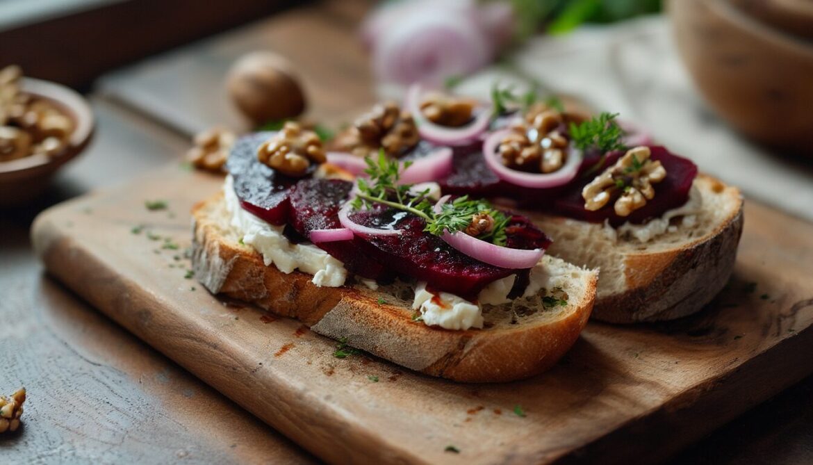 Rote Bete Tartine mit Ziegenkäse, gerösteten Walnüssen und Petersilie auf knusprigem Sauerteigbrot
