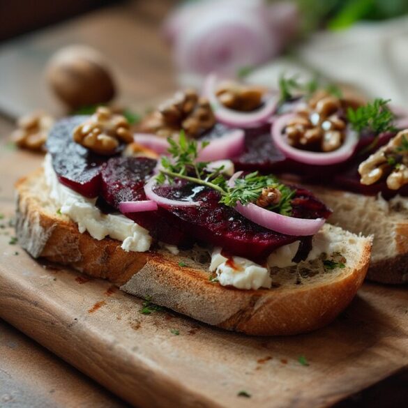 Rote Bete Tartine mit Ziegenkäse und Walnüssen Rote Bete Tartine mit Ziegenkäse, gerösteten Walnüssen und Petersilie auf knusprigem Sauerteigbrot