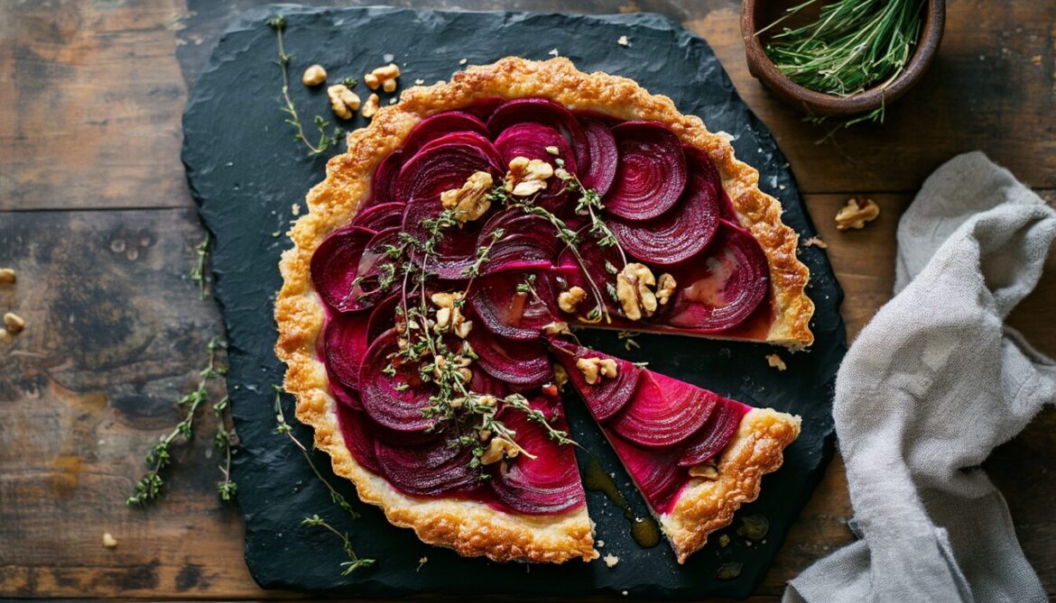 Frisch gebackene Rote-Bete-Ziegenkäse-Tarte mit Mürbeteigrand, Thymian, Honig und Walnüssen, ein Stück angeschnitten