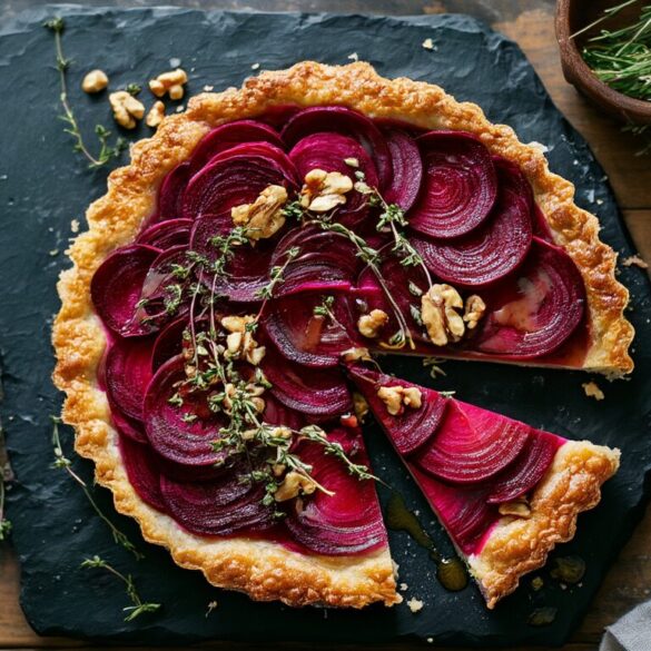 Frisch gebackene Rote-Bete-Ziegenkäse-Tarte mit Mürbeteigrand, Thymian, Honig und Walnüssen, ein Stück angeschnitten