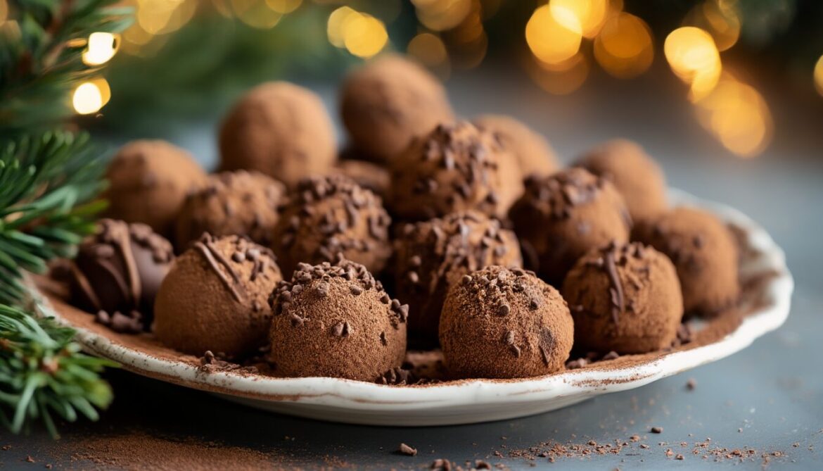 Selbstgemachte Rumkugeln in Kakao und Schokostreusel gewälzt auf einem weißen Teller mit weihnachtlicher Deko