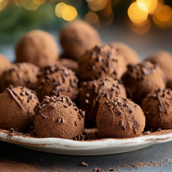 Rumkugeln: schnelles Rezept ohne Backen (20 Stück) Selbstgemachte Rumkugeln in Kakao und Schokostreusel gewälzt auf einem weißen Teller mit weihnachtlicher Deko