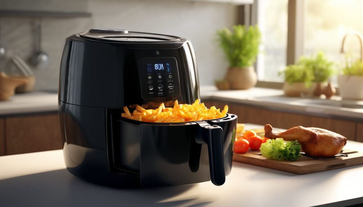 Große schwarze Heißluftfritteuse mit Touchscreen auf der Küchenarbeitsplatte, Korb gefüllt mit knusprigen Pommes