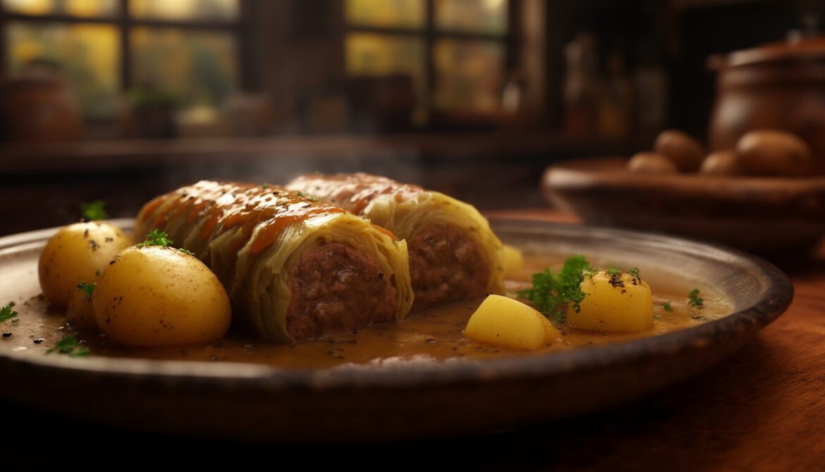 Sächsische Kohlrouladen mit Kasseler in brauner Soße, dazu Salzkartoffeln auf einem Teller
