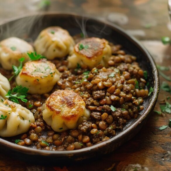 Sächsische Linsen-Fleisch-Klöße – Rezept in 45 Minuten Goldbraun gebratene sächsische Linsen-Fleisch-Klöße mit frischer Petersilie auf einem dunklen Teller