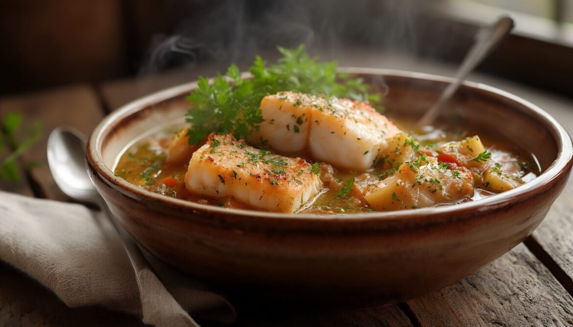 Sächsischer Kabeljau-Eintopf mit Mehlklößen, Erbsen und Tomaten in einer tiefen Schüssel, garniert mit Petersilie