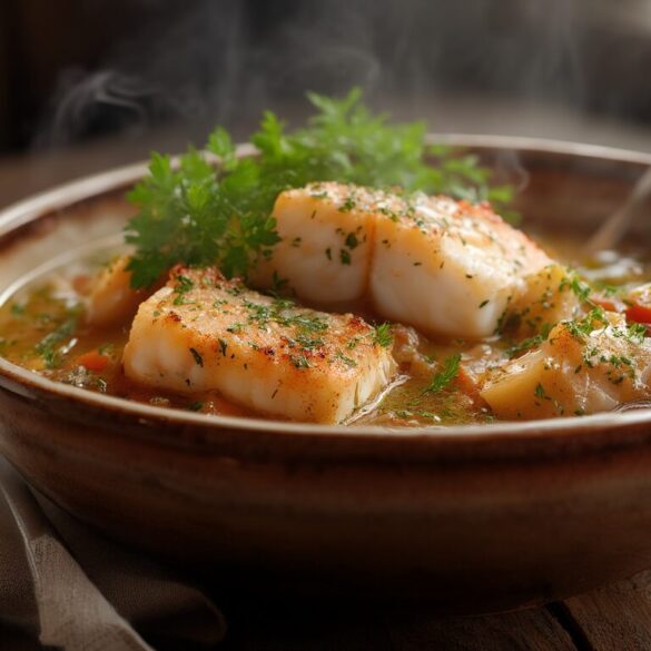 Sächsischer Kabeljau-Eintopf mit Mehlklößen Sächsischer Kabeljau-Eintopf mit Mehlklößen, Erbsen und Tomaten in einer tiefen Schüssel, garniert mit Petersilie