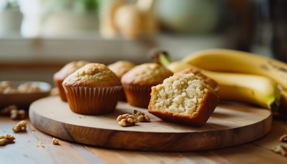 Frisch gebackene saftige Bananen-Muffins in Papierförmchen auf einem Holzbrett, daneben reife Bananen