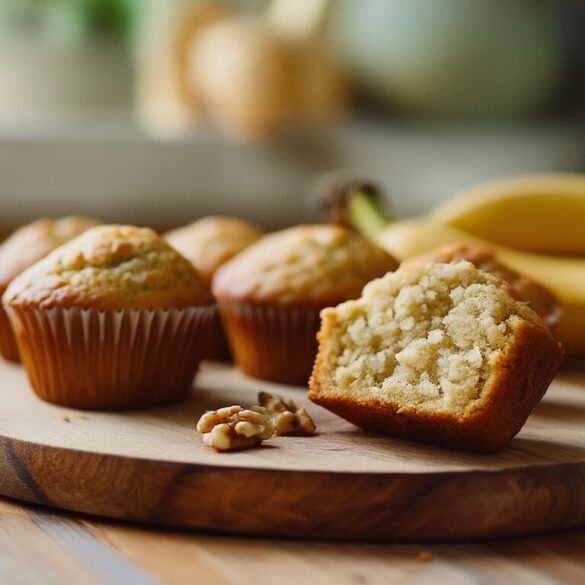 Saftige Bananen-Muffins: einfaches Rezept (12 Stück) Frisch gebackene saftige Bananen-Muffins in Papierförmchen auf einem Holzbrett, daneben reife Bananen