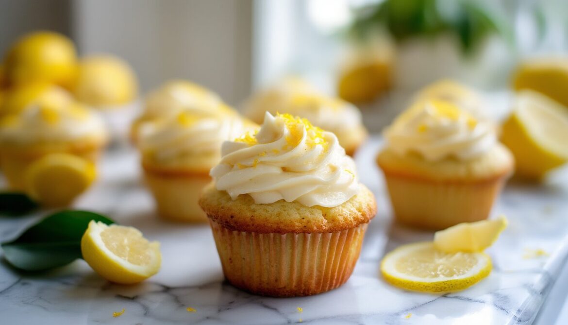 Zitronenmuffins mit aufgespritztem Zitronen-Frischkäse-Topping und Zitronenschale auf hellem Untergrund