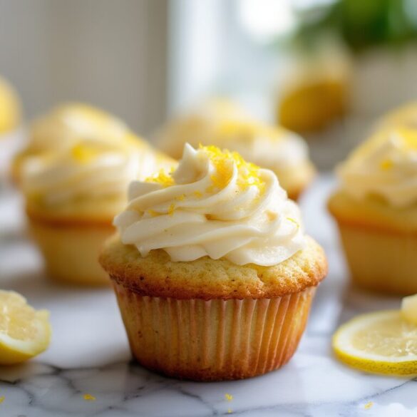 Saftige Zitronenmuffins mit Frischkäse-Topping in 20 Minuten Zitronenmuffins mit aufgespritztem Zitronen-Frischkäse-Topping und Zitronenschale auf hellem Untergrund