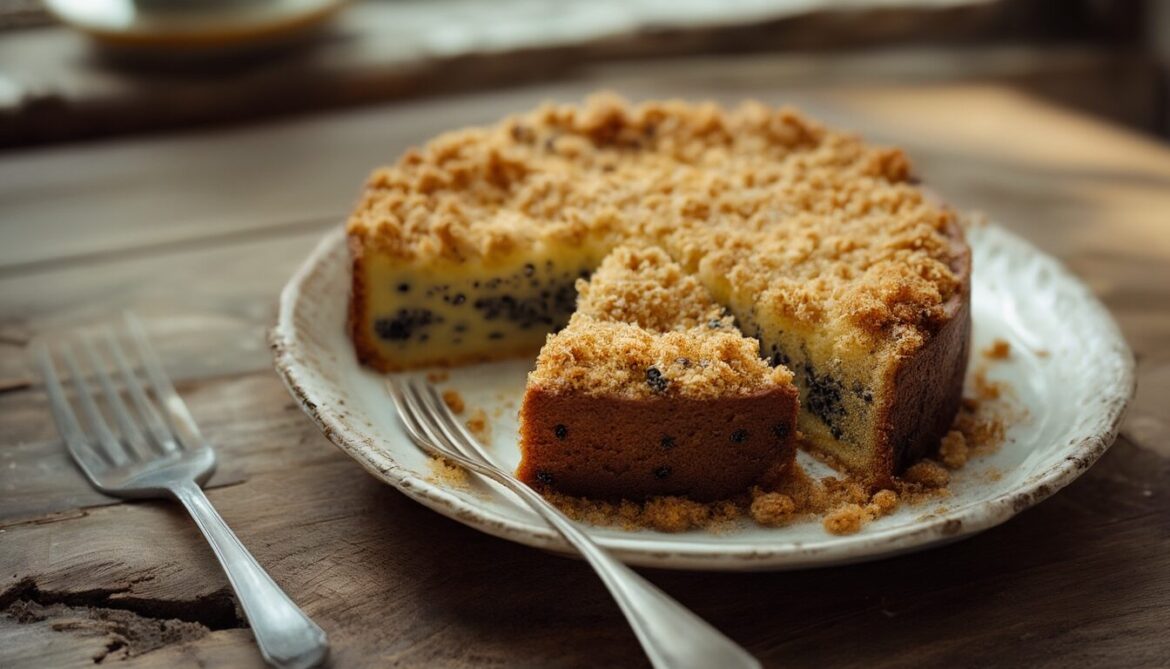 Angeschnittener saftiger Mohnkuchen mit knusprigen Streuseln und cremiger Mohn-Quark-Füllung auf einem Holztisch