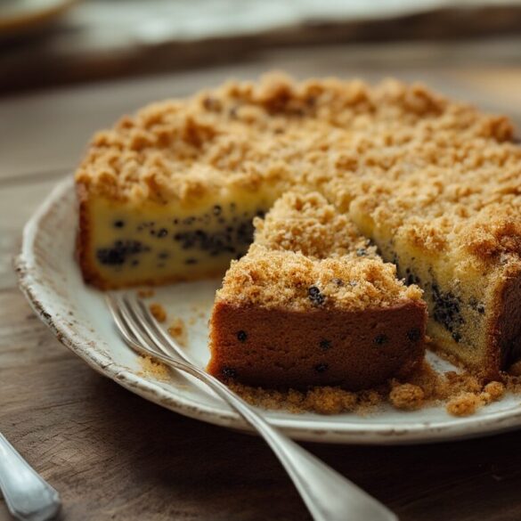 Saftiger Mohnkuchen mit Streuseln: cremig und einfach gebacken Angeschnittener saftiger Mohnkuchen mit knusprigen Streuseln und cremiger Mohn-Quark-Füllung auf einem Holztisch