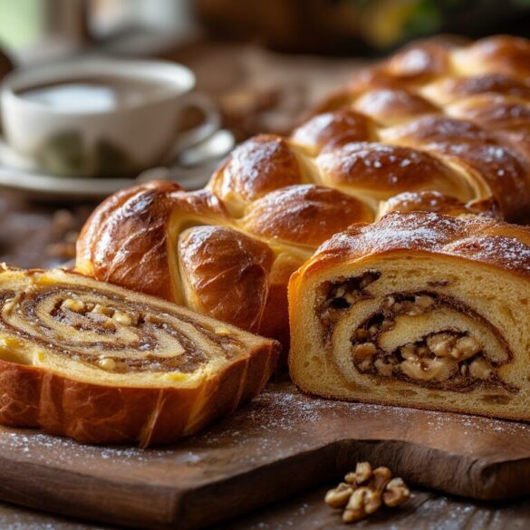 Saftiger Nussstriezel: Rezept zum Selberbacken und Flechten Angeschnittener saftiger Nussstriezel mit sichtbarer Walnussfüllung auf einem Holzbrett