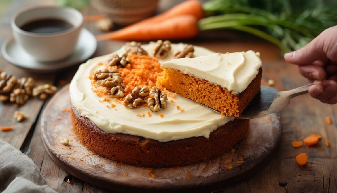 Saftiger Rüblikuchen mit Frischkäse-Frosting, mit Karottenraspeln und Walnüssen garniert, ein Stück angeschnitten