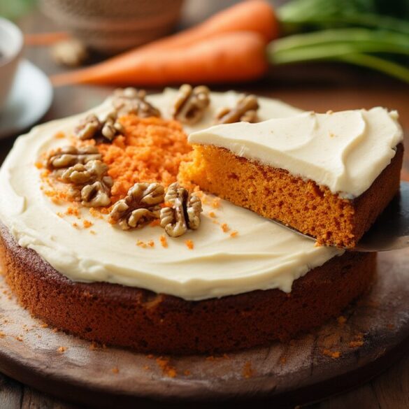 Saftiger Rüblikuchen mit Frosting – einfaches Rezept Saftiger Rüblikuchen mit Frischkäse-Frosting, mit Karottenraspeln und Walnüssen garniert, ein Stück angeschnitten