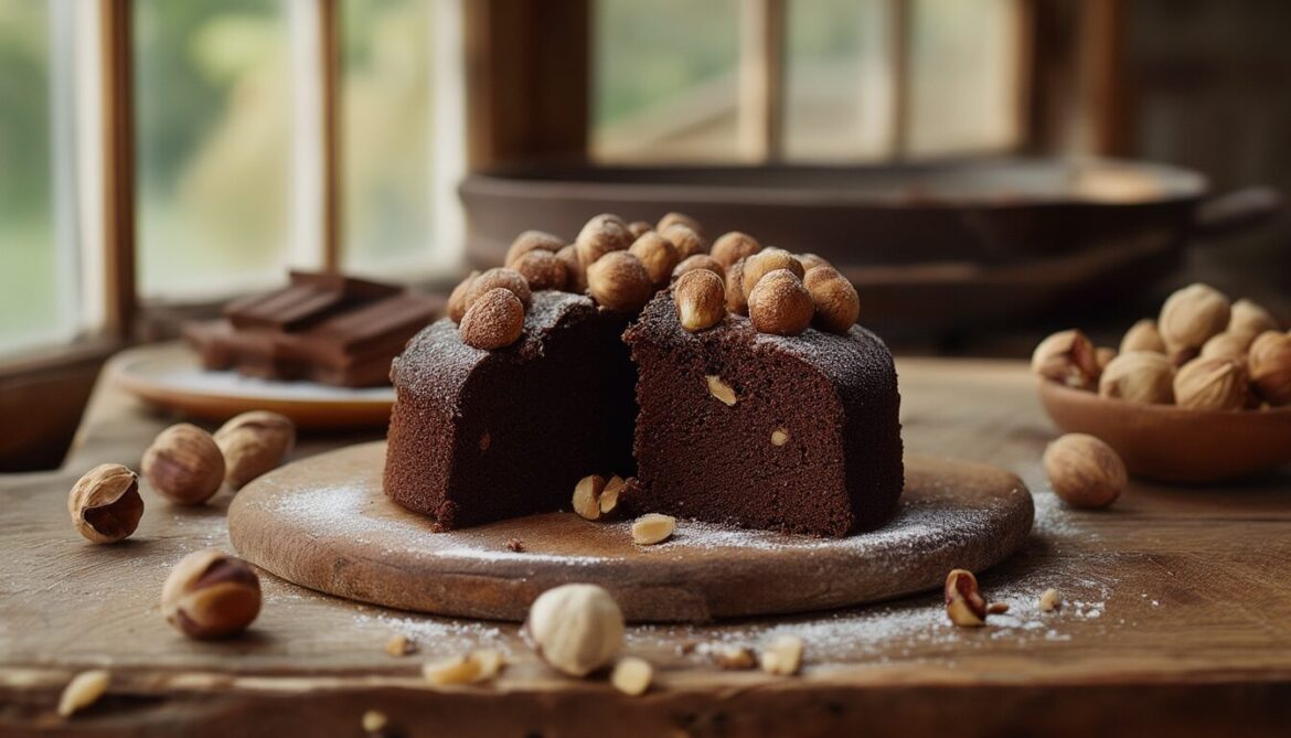 Angeschnittener saftiger Schoko Nuss Kuchen mit Haselnüssen und Puderzucker auf einem Holztisch