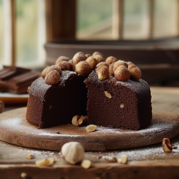 Saftiger Schoko Nuss Kuchen: einfaches Rezept, das gelingt Angeschnittener saftiger Schoko Nuss Kuchen mit Haselnüssen und Puderzucker auf einem Holztisch