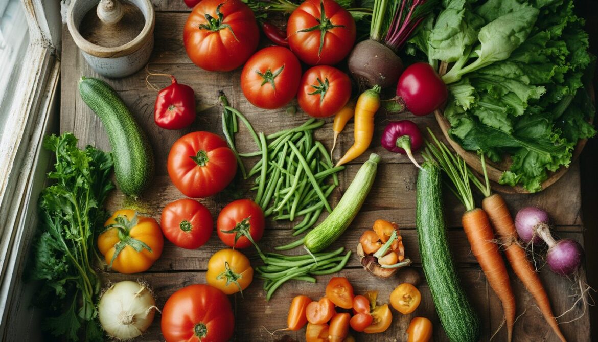 Sommerliche Auswahl an heimischem Gemüse wie Tomaten, Zucchini, Bohnen, Möhren und Paprika auf einem Holztisch