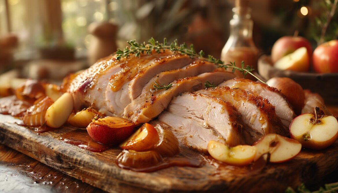 Aufgeschnittener Apfel-Puten-Braten mit karamellisierten Apfelspalten und Zwiebeln auf einem Holzbrett