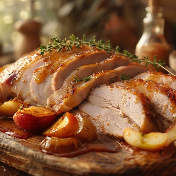 Sauerländischer Apfel-Puten-Braten: saftig in 45 Minuten Aufgeschnittener Apfel-Puten-Braten mit karamellisierten Apfelspalten und Zwiebeln auf einem Holzbrett