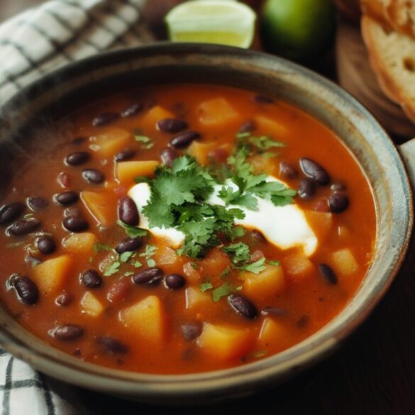 Scharfe Bohnensuppe mit Kartoffeln: würzig, vegan und in 35 Minuten fertig Schüssel scharfe Bohnensuppe mit Kartoffeln und schwarzen Bohnen, garniert mit saurer Sahne und Koriander