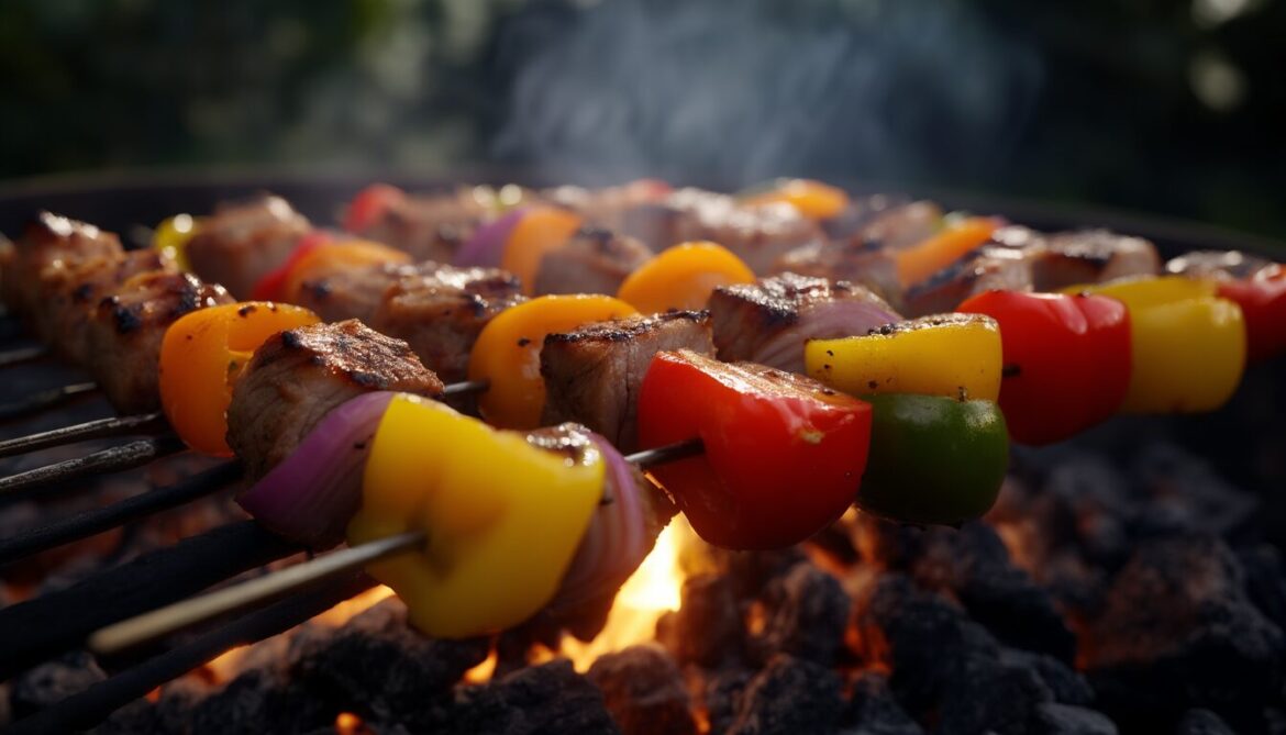 Gegrillte Schaschlik-Spieße mit Schweinefleisch, Paprika und Zwiebeln auf dem Grill