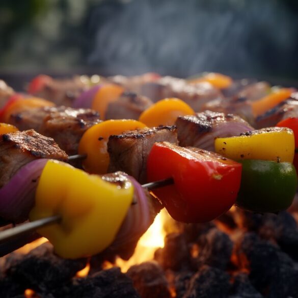 Schaschlik-Spieße selbst machen: saftig vom Grill oder aus dem Ofen Gegrillte Schaschlik-Spieße mit Schweinefleisch, Paprika und Zwiebeln auf dem Grill