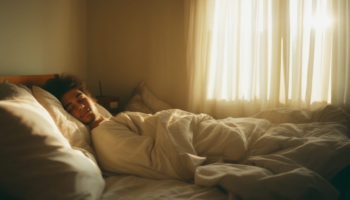 Person schläft am Wochenende entspannt im hellen Schlafzimmer mit Morgenlicht