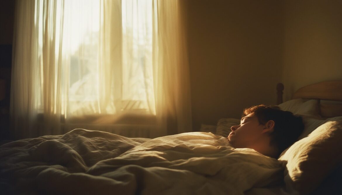 Person schläft erholt in einem ruhigen, hellen Schlafzimmer am Morgen