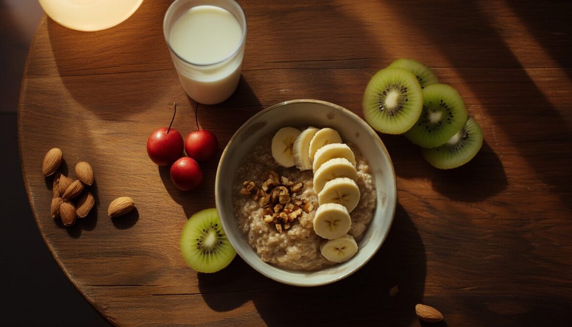 Schlaffördernde Lebensmittel am Abend: Haferflocken mit Banane, Milch, Kamillentee, Kiwi, Sauerkirschen und Mandeln auf dunklem Holztisch im warmen Abendlicht