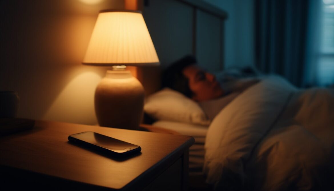 Handy liegt umgedreht auf dem Nachttisch im warm beleuchteten Schlafzimmer, im Hintergrund schläft eine Person erholsam