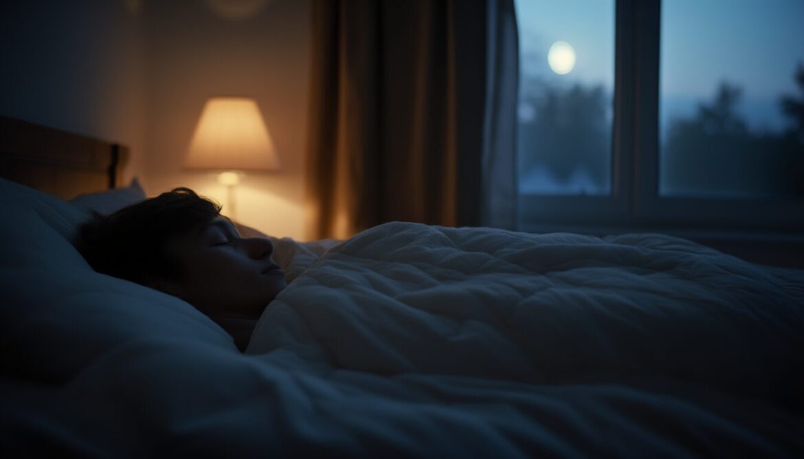 Person liegt entspannt im abgedunkelten Schlafzimmer und findet trotz Stress zu ruhigem Schlaf