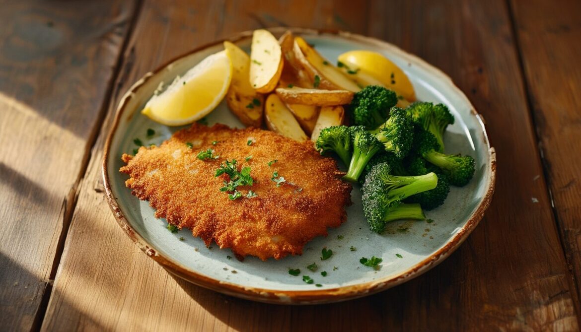 Paniertes Schnitzel mit knusprigen Ofenkartoffeln und bissfestem grünem Brokkoli auf einem Teller, daneben eine Zitronenspalte