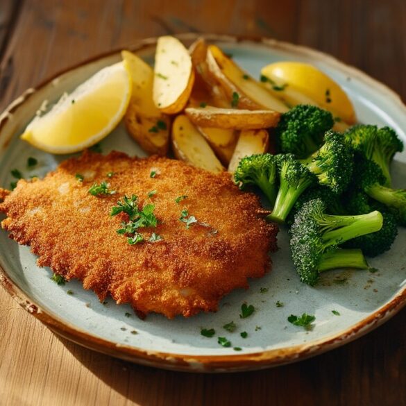 Schnitzel mit Ofenkartoffeln und Brokkoli – einfaches Rezept Paniertes Schnitzel mit knusprigen Ofenkartoffeln und bissfestem grünem Brokkoli auf einem Teller, daneben eine Zitronenspalte