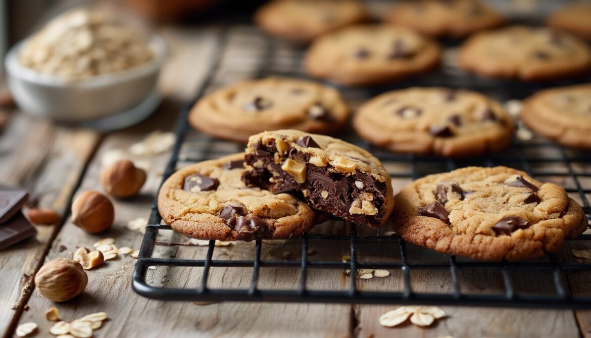 Frisch gebackene Schoko-Nuss-Cookies mit Dinkel auf einem Kuchengitter, daneben Haselnüsse und Haferflocken