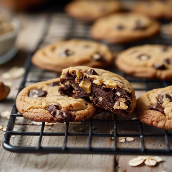 Schoko-Nuss-Cookies mit Dinkel: einfaches Rezept, knusprig & nahrhaft Frisch gebackene Schoko-Nuss-Cookies mit Dinkel auf einem Kuchengitter, daneben Haselnüsse und Haferflocken