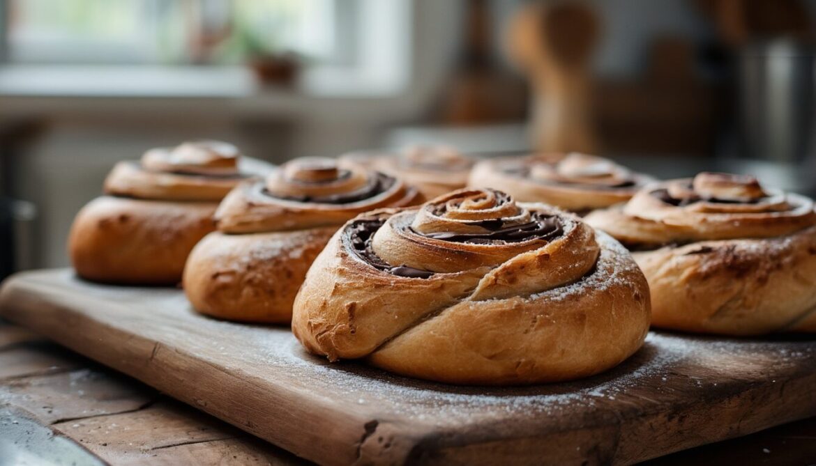 Frisch gebackene Schoko-Schnecken aus Hefeteig mit Schokoladenfüllung auf einem Holzbrett