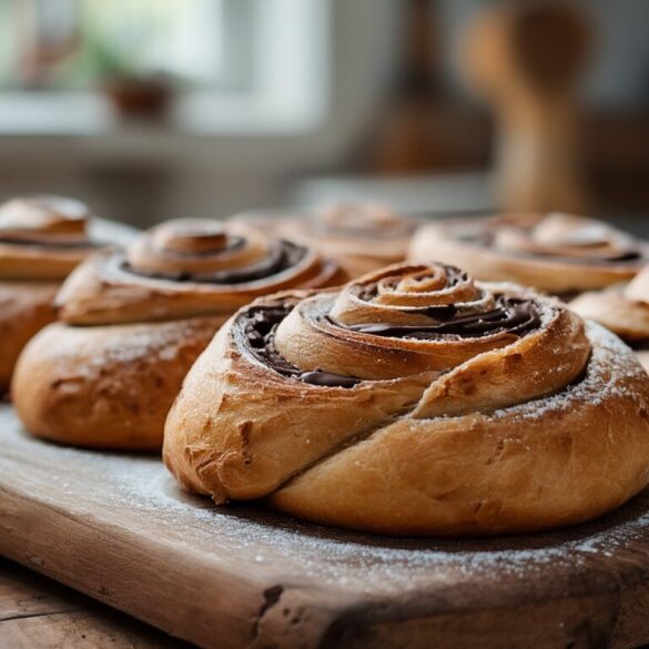Schoko-Schnecken: fluffiges Hefeteig-Rezept (12 Stück) Frisch gebackene Schoko-Schnecken aus Hefeteig mit Schokoladenfüllung auf einem Holzbrett