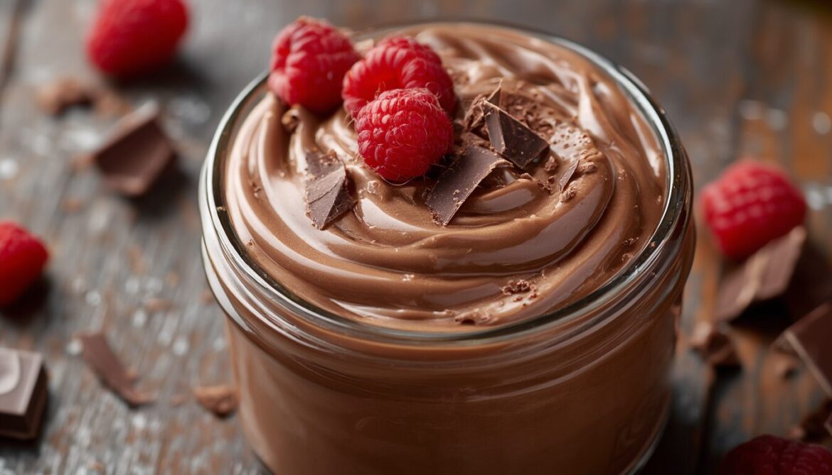 Cremiger Schokoquark im Glas mit Schokoraspeln und Himbeeren garniert