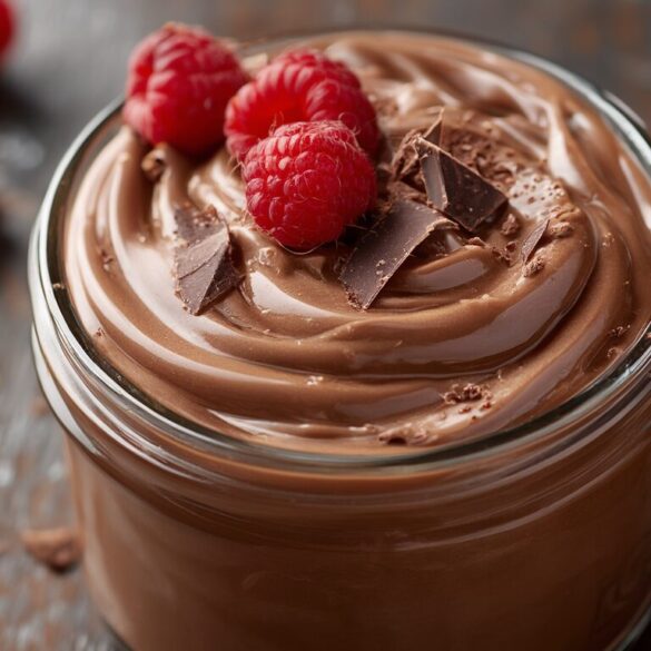 Schokoquark selber machen: cremig in 15 Minuten Cremiger Schokoquark im Glas mit Schokoraspeln und Himbeeren garniert
