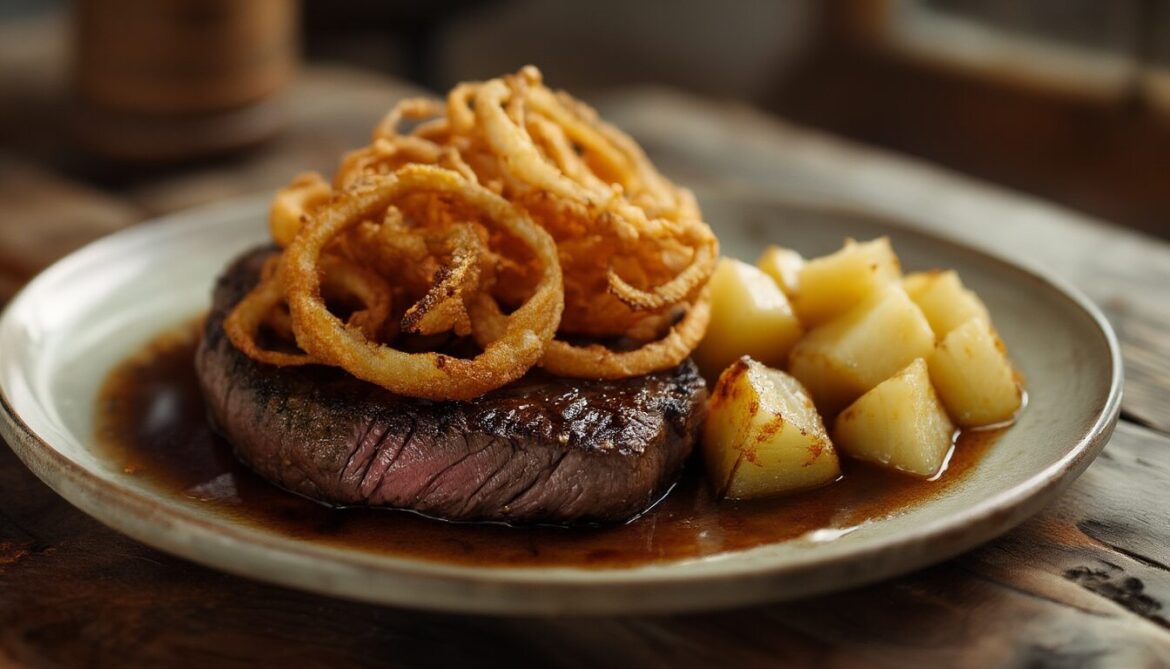 Schwäbischer Rostbraten mit goldbraunen Röstzwiebeln und glasierten Rüben auf einem rustikalen Teller