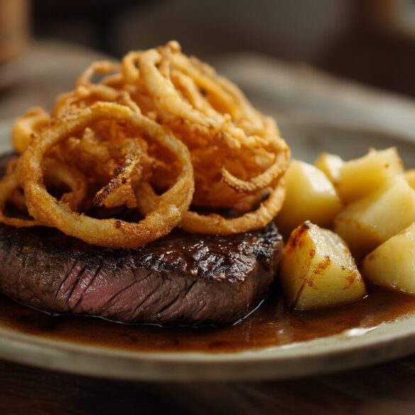 Schwäbischer Rostbraten mit Rüben und Senf Schwäbischer Rostbraten mit goldbraunen Röstzwiebeln und glasierten Rüben auf einem rustikalen Teller