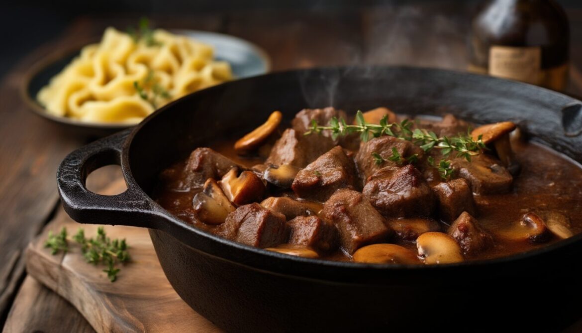 Schwäbisches Hirschragout mit Pilzen in dunkler Rotweinsauce in einem Gusseisentopf, daneben Spätzle