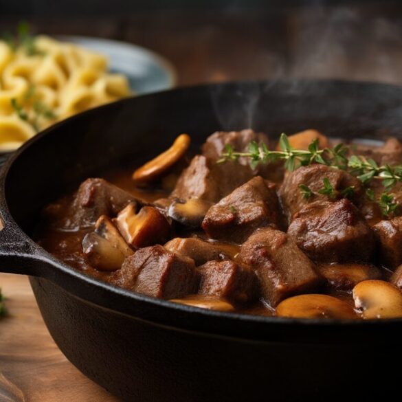 Schwäbisches Hirschragout mit Pilzen – so wird es zart Schwäbisches Hirschragout mit Pilzen in dunkler Rotweinsauce in einem Gusseisentopf, daneben Spätzle