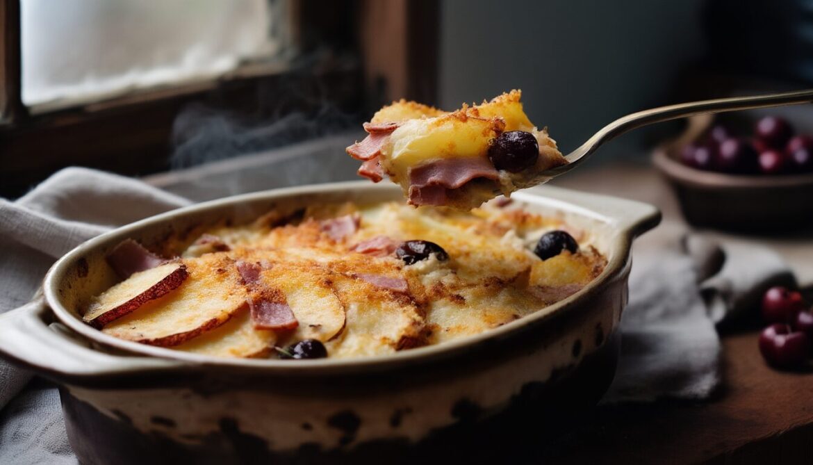 Goldbraun gebackener Schwarzwälder Kirschkartoffelgratin mit dunklen Kirschen, Schinken und geschmolzenem Käse in einer Auflaufform